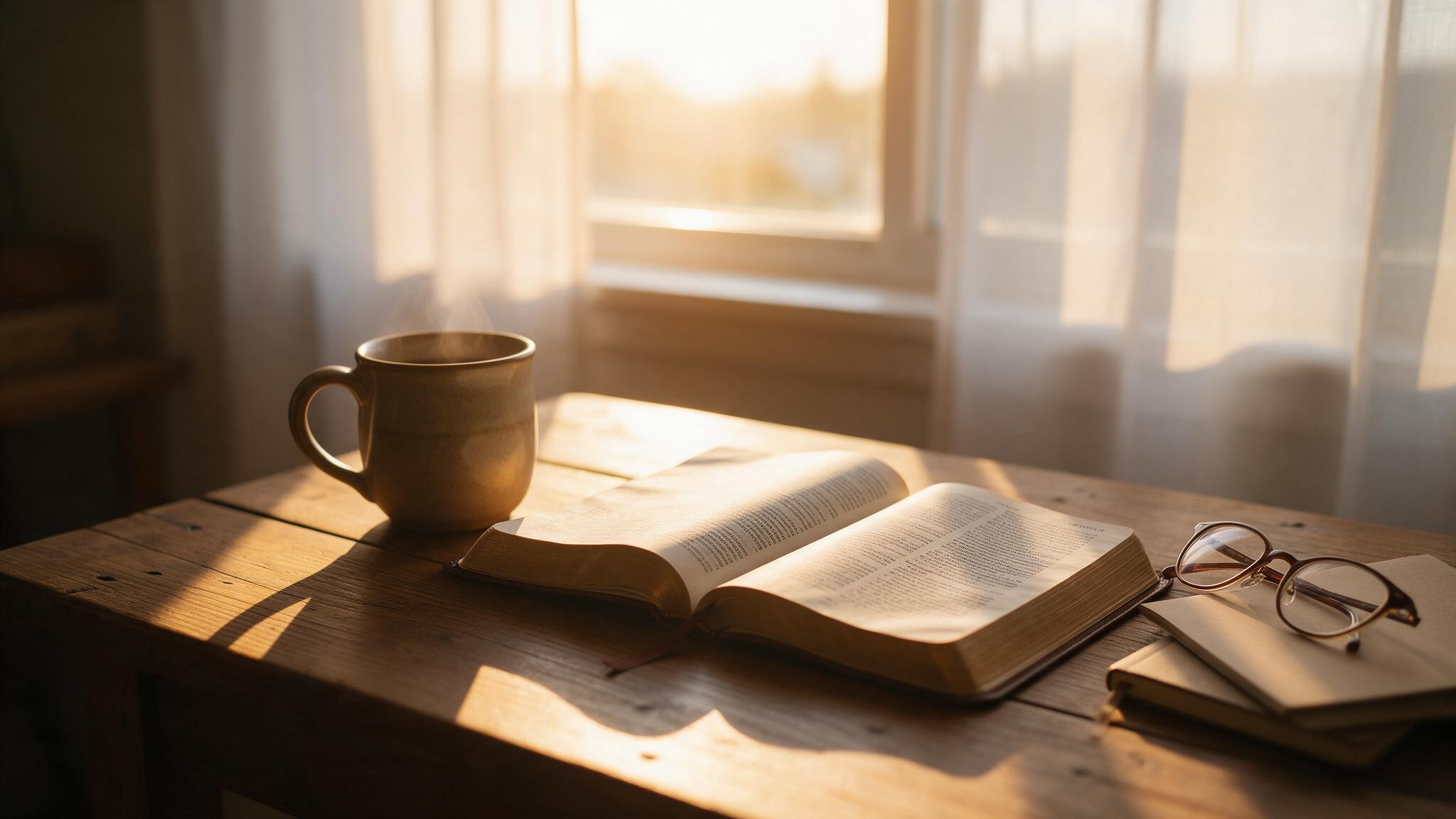 Quiet morning devotional prayer time with Bible and coffee